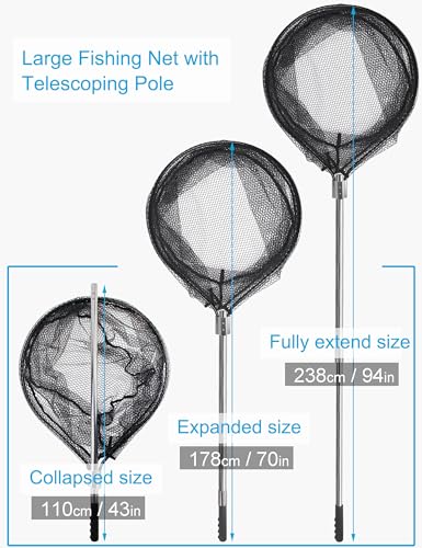Large Rubber Fishing Net Heavy Duty Extra Large Landing Net with Telescoping Handle, Saltwater Aluminum Fish Net with 6pcs Jig Swimbait, Extends to 72-94in, Depth 27.5in