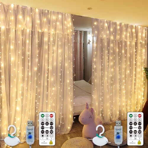 HXWEIYE 300LED Fairy Curtain Lights, 9.8x9.8Ft USB Plug-in 8 Modes Christmas String Hanging Lights with Remote for Bedroom Backdrop Wedding Indoor Wall Decor, Warm White, Standard – 2 Pack - color: Warm White, size: Standard – 2 Pack