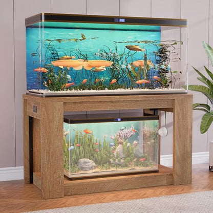 Farmhouse 75–120 Gallon Aquarium Stand for Fish or Reptile Tank, 48"x24" Tabletop Terrarium Stand with Power Outlet and Storage Shelves, Natural Brown Fish Tank Stand, 1500LBS Capacity