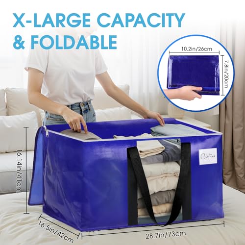 BlissTotes 6 Pack Moving Bags with Clear Window, Storage Bags with Strong Carrying Handles & Zippers,Large Packing Bags for Saving Space, Alternative to Moving Boxes(Blue,33 Gallon)
