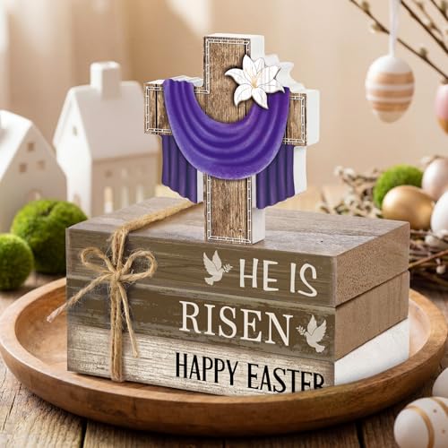 4 Pcs Easter Decorations He is Risen Wooden Sign Christian Table Centerpiece Religious Cross Tiered Tray Decor Decorative Faux Book Stack Block (Easter) - style: Easter