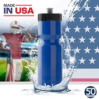 50 Strong Sports Water Bottles – Reusable 22 oz BPA-Free Plastic Bottles with Pull Top Cap – Made in USA – Top Rack Dishwasher Safe – Fits Most Bike Cages Brand - color: Blue, style: 2 Pack