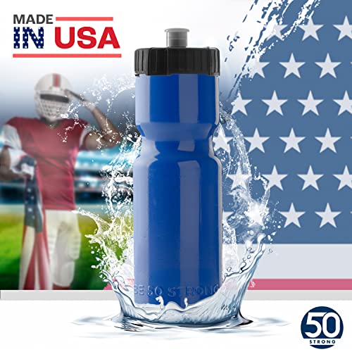 50 Strong Sports Water Bottles – Reusable 22 oz BPA-Free Plastic Bottles with Pull Top Cap – Made in USA – Top Rack Dishwasher Safe – Fits Most Bike Cages Brand - color: Blue, style: 6 Pack