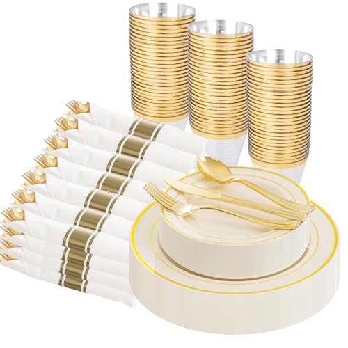 WELLIFE 210PCS Ivory Plastic Plates for 30 Guests - Gold Plastic Plates, Platos Para Fiestas Elegantes Desechables, Disposable Plate for Party and Wedding - color: Ivory, style: 210PCS（30 Guests）