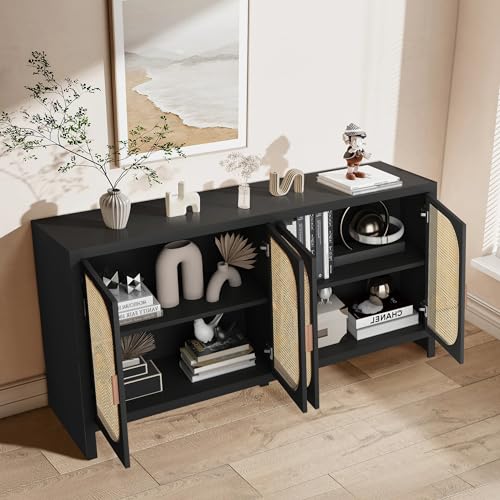 Fiogmub Rattan Sideboard Buffet Cabinet with Storage, Wooden Cabinet | 4 Doors Adjustable Shelves, for Kitchen, Dining Room, Entryway - color: Black