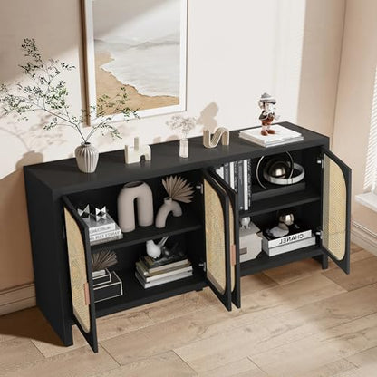 Fiogmub Rattan Sideboard Buffet Cabinet with Storage, Wooden Cabinet | 4 Doors Adjustable Shelves, for Kitchen, Dining Room, Entryway - color: Black