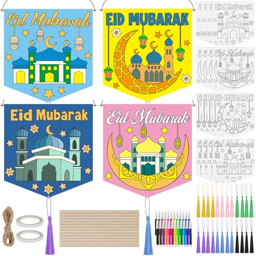 Cinrobiye 24 Sets Ramadan DIY Coloring Banner Kit Eid Mubarak Craft Decorations Islamic Party Activity Classroom Family Ramadan Festival Supplies - style: Traditional