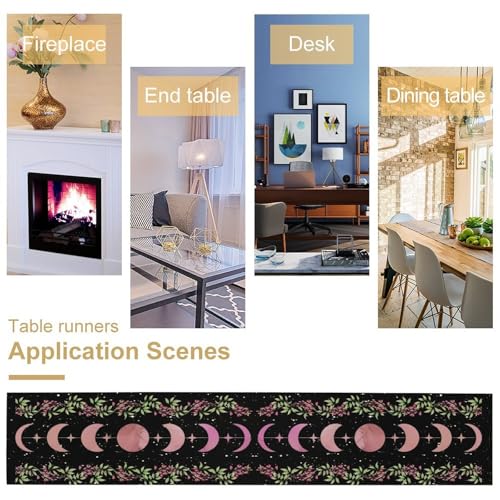 Moon Phase Wisteria Table Runner,Pink Stars Boho Floral Wildflower Moonlit Gothic Kitchen Table Decoration for Holiday Party Study Living Bedroom Dresser Cabin Cafe Wedding Decor 13×60in