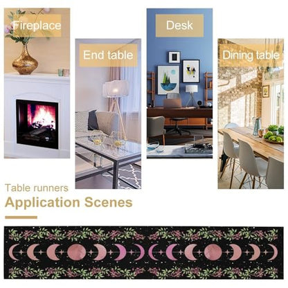 Moon Phase Wisteria Table Runner,Pink Stars Boho Floral Wildflower Moonlit Gothic Kitchen Table Decoration for Holiday Party Study Living Bedroom Dresser Cabin Cafe Wedding Decor 13×60in