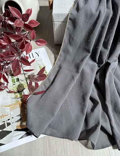 Hijab for Women Premium Chiffon Hijab Rhinestone Hijab Scraf for Women Muslim - color: Dark Grey