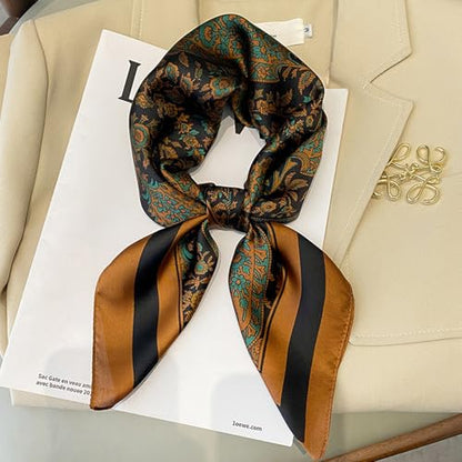 Sumolux Head Hair Scarf for Women Like Satin Silk Scarf Bandana Hair Wrapping Night Large Square Scarves 27.5" - color: Caramel Retro Cashew Nuts