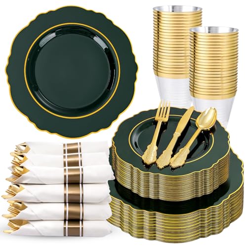 Liacere 350PCS Green Plastic Plates - Dark Green Disposable Plates With Gold Rim - 50Guest Baroque Plastic Dinnerware include 100Plates-50Pcs Pre Rolled Napkins with Silverware 50Cups for Party - color: Green