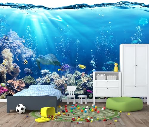 Blue Ocean Wallpaper Mural Peel and Stick for Kids Bedroom 157"x108" | Underwater Animal World Self Adhesive Wall Mural for Nursery - color: ZZ-005, size: 157" x 108"
