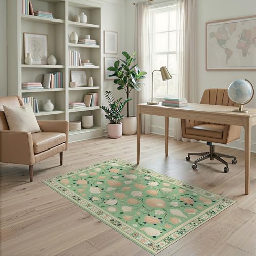 4'x6' Washable Flatwoven Rug, Peach Beachy Seashell Easy Care Throw Carpet for Dorm Room, Small Living Room, Apartment, Stain Resistant Low Profile Floor Covering | Ref:1952456 - color: Green/Pattern 2, size: 4' x 6' (Rectangular)