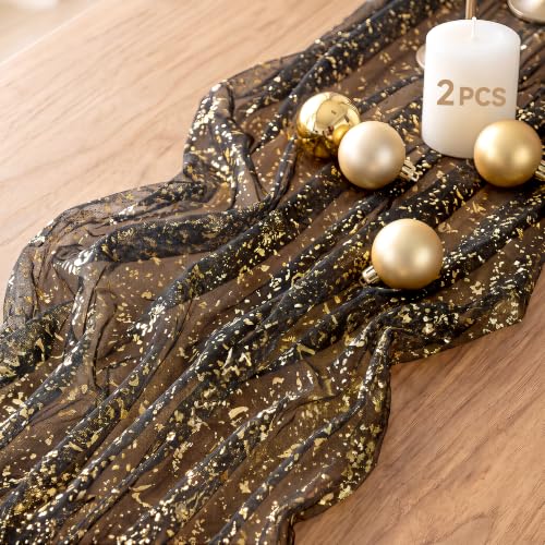 FEXIA 2 Pcs Table Runner, Gauze Glitter Table Runner, Black Gold - color: Black & Gold, size: 2 Pack-10FT