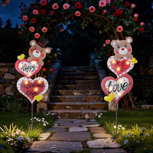 Lewondr Valentine's Day Decorations Outdoor, Metal Solar Pathway Lights - color: Pink