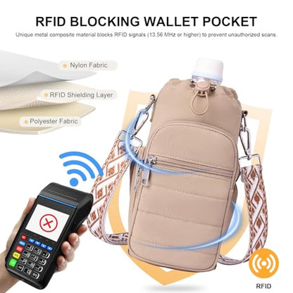 Water Bottle Bag 40 oz Crossbody Holder for Walking Hiking Insulated Carrier Purse with Adjustable Strap - color: Khaki