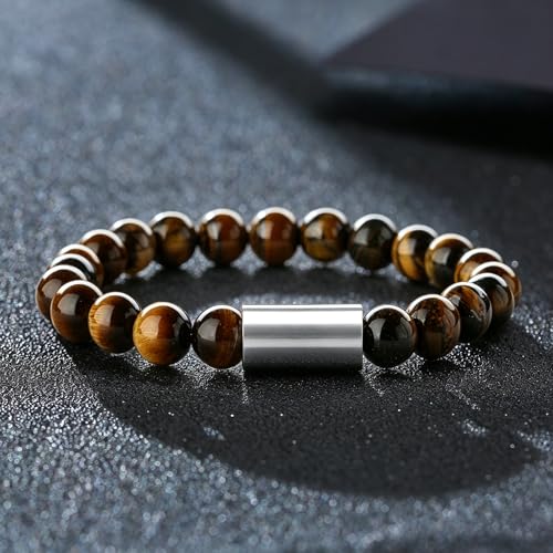 Religious Cross Symbol | Christian Ichthy | Yin Yang Tai Chi 8mm Natural Stone Bead & Cylinder Stainless Steel ID Stretch Bracelet for Men Women - style: Tiger's Eye-Yin Yang