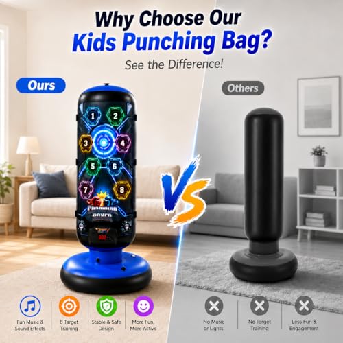 Punching Bag for Kids, Inflatable Boxing Bag with Electronic Scoring, Lights, Music & 4 Training Modes, Boxing Set with Gloves & Air Pump, Birthday Gifts for Boys & Girls 4-12