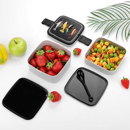 Various Type of Fishing Baits Lunch Box Snack Containers with Lids, 2 Compartment Snackle Box Container, Leak-Proof Reusable Food Storage Container for Travel, Meal Prep, Camping, 1000ml