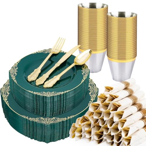 Realluck 350 Piece Green and Gold Dinnerware Set for 50 Guests - color: Green