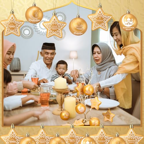 18 Pcs Eid Mubarak Decorations Ramadan Hanging Decorations Gold Moon Ornaments Plastic Eid Mubarak Hanging Balls Star Ramadan Islamic Decor for Home Window Islamic Muslim Tree Party Decor