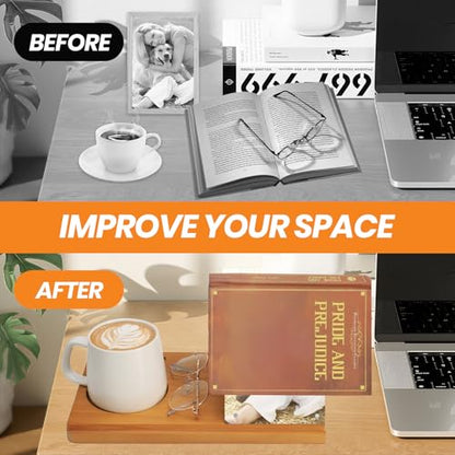 Wooden Triangle Book Stand with Cup Holder 4"x6" Acrylic Picture Frame for Family Frame - Multifunctional Reading Valet Book Rest for Desk, Birthday&Mothers Day Gift for Reader and Book Lovers - style: Acrylic Picture Frame