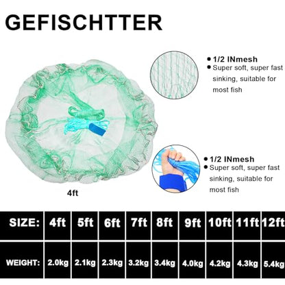 Saltwater Fishing Cast Net Eco-Friendly Rubber Sinker 1/2 Inches Mesh for Bait Shrimp Trap Fish Size 4FT/5FT/6FT/7FT/8FT/9FT/10FT/11FT/12FT Radius - color: green, size: 5ft