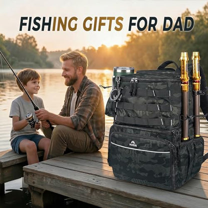 MATEIN Fishing Backpack, Tackle Storage Bag with Rod Holders & Cooler | Water Resistant Fishing Bag Fits 4 3600 Trays, Large Wide Open Tackle Box Backpack, Gifts for Fishermen - color: Camouflage