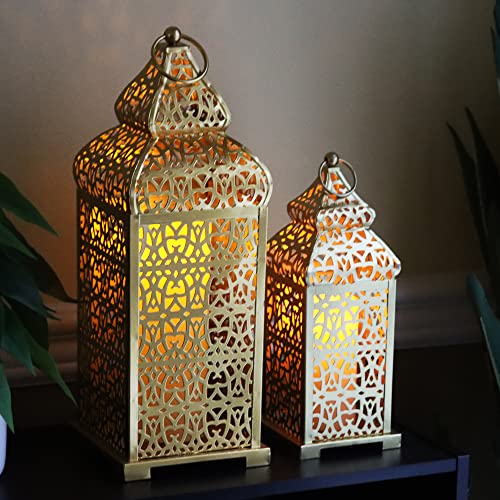 Vela Lanterns Decorative Indoor Moroccan Candle Holders, Gold, Set of 2 | Ramadan, Eid & Islamic Home Decor, Large Wedding Centerpieces, Fanoos Temple Lanterns, Metal Table Lamp, 11" & 15" Tall - color: Gold, size: 11" and 15"