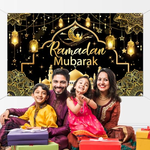 Mocsicka Ramadan Mubarak Banner Backdrop for Muslim Ramadan Kareem Banner Eid al-Fitr and Eid al-Adha Ramadan Kareem Background for Photography (Black and Gold, 70.8x43.3 inch) - color: Black and Gold