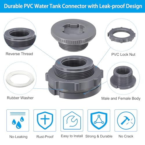 PATIKIL PVC Bulkhead Fitting with Plug NPT1-1/4", 2 Pack Bulkhead Water Tank Connector with Silicone Seal Gasket Garden Hose Fitting with Plug for Rain Bucket, Sinks, Aquariums, Gray