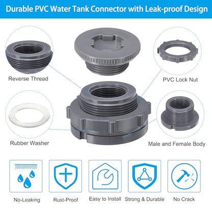PATIKIL PVC Bulkhead Fitting with Plug NPT1-1/4", 2 Pack Bulkhead Water Tank Connector with Silicone Seal Gasket Garden Hose Fitting with Plug for Rain Bucket, Sinks, Aquariums, Gray
