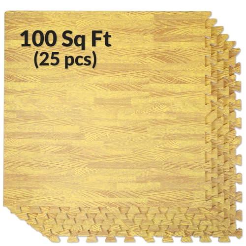 100 Sq. Ft 3/8 Inch Thick Printed Foam Tiles Interlocking Foam Mat, (24" x 24", 25 pcs), Light Wood Oak Grain Style, Protective Flooring for Home, Exercise or Trade Show - color: Oak