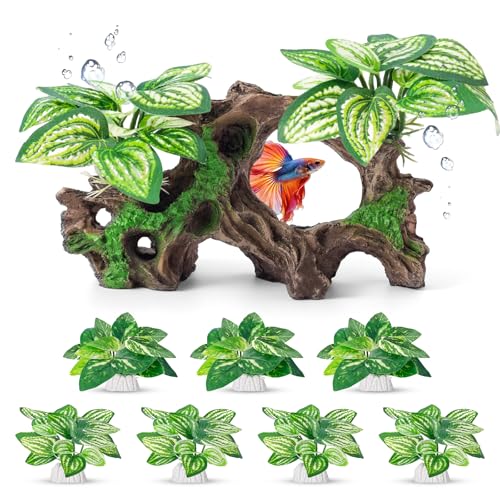 CousDUoBe 8 Pcs Fish Tank Decor，Silk Aquarium Plants Green Silk Leaf pad Hammock Artifical Driftwood cave Betta Fish Tank Accessories 7 x 2.8 x 4 inches(LxWxH) - size: 8 Pcs Silk Aquarium Plants（Style C）
