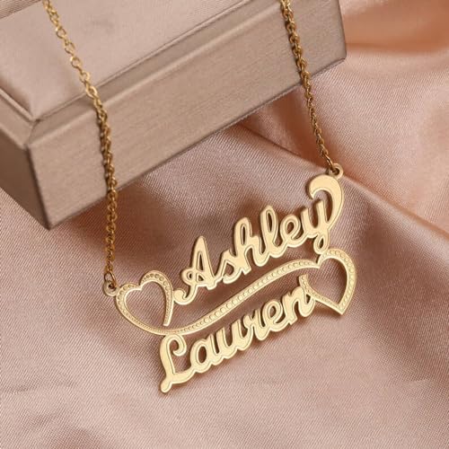 10K/14K/18K Solid Gold Name Plate Necklace,Real Gold Customized Name Necklace with Birthstone for Women,Personalized 1-4 Nameplates Necklaces Birthday for Her Girls - color: Style 7:2 name