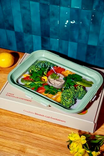 Crudités | Portable Snack Tray | Rectangle 2-Pack | Sage Green | Reversible Stretch Lid Food Containers | BPA-Free, Freezer & Dishwasher Safe | Meal-Prep, Charcuterie, Salads, Picnic, Travel - size: Rectangular, 2 Pack, Sage Green