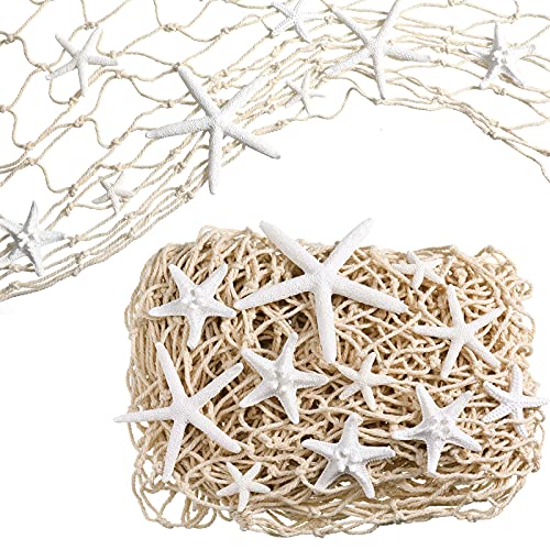 Shappy 21 Pcs Fish Net Decor Starfish Beach Ornament for Wall Table,White | Nautical Fishnet with Starfish, Coastal Decoration for Crafts Birthday Beach Wedding Mermaid Party Under The Sea Party - color: White
