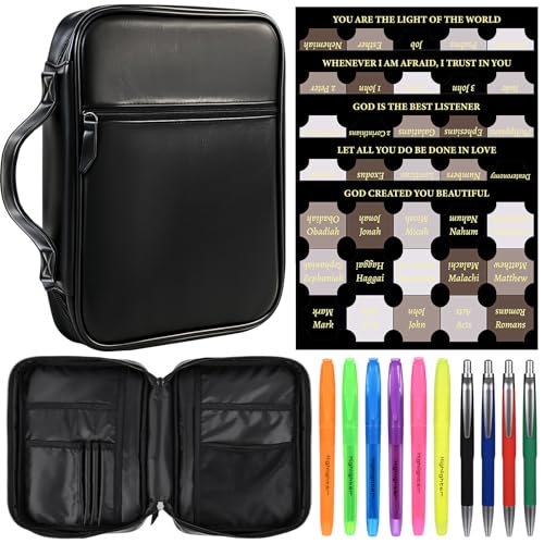 Leather Bible Cover for Men Large Bible Carrying Case with Handle Pockets Bible Book Cover with Highlighters Tabs For Church Prayer Meetings Study Supplies Accessories - color: Black