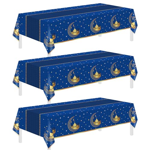 Childom 3 Pack Ramadan Table Cloth,Ramadan Decorations for Home,54" x 108" Eid Mubarak Decorations,Eid Ramadan Tablecloths Rectangular,Blue Plastic Table Cloth Disposable Table Cover for Party Favors - color: Eid Mubarak-blue