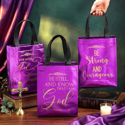 Aliceset 64 Pcs Christian Gift Bags Bulk with Handles for Church Favors Reusable Medium Bible Verse Religious Gift Bags Non Woven Welcome Totes for Baptism Vacation Bible School Gifts (Dark Purple) - color: purple, black
