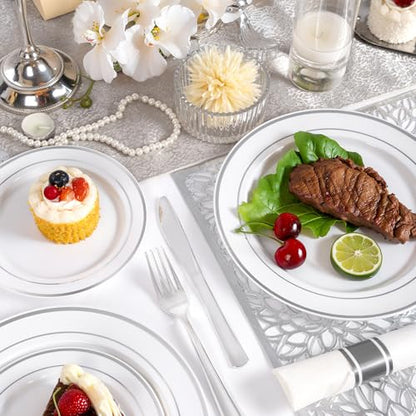 WDF Partyware 175PCS Sliver Plastic Plates - Silver Plates Disposable - White Plate with Silver Trim 25Guests Plastic Dinnerware Sets with Rolled Napkins for Wedding Baby Shower Spring Birthday - color: White and Silver, size: 175PCS