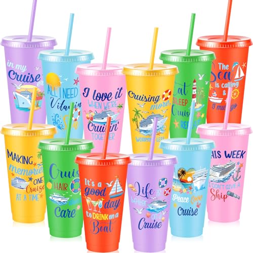 Chuangdi 12 Pcs Cruise Ship Gifts Bulk Nautical Birthday Party Favors 24 oz Funny Cruise Tumbler with Lid and Straw, Reusable Plastic Beach Travel Cups for Sailor Carnival Nautical Party Supplies - style: Cruise Theme