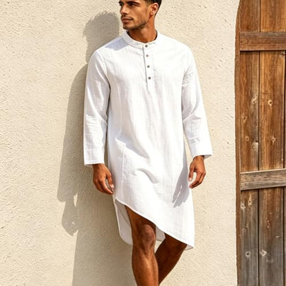 Mens Kaftan Thobe Robe Cotton Linen Long Sleeve Henley Shirt Casual Asymmetric Hem Muslim Kurta Gown Tops - color: White, size: Medium