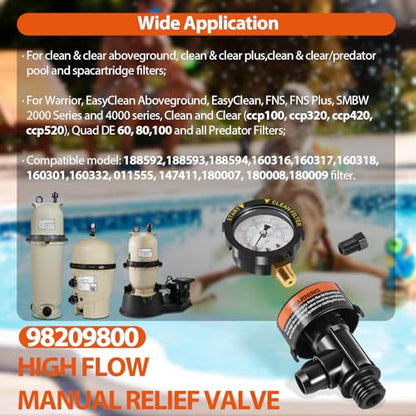 98209800 High Flow Manual Relief Valve/Air Relief Manual Valve Assembly with Pressure Gauge, Replacement for Pool and Spa Filter (98209800+87300400) - style: 98209800+87300400
