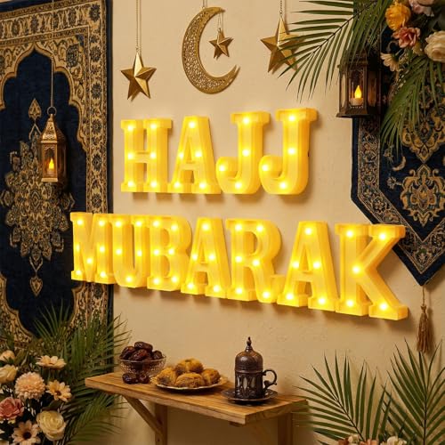 Aurelema Sukkot Large LED Letter Sign LED Lights Battery Powered Table Decoration for Party Gift Tabletop Decoration(Hajj Mubarak) - size: 8.27 inches, style: Hajj Mubarak
