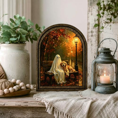 Halloween Ghost Dog Arched Table Sign, Rustic Farmhouse Decor - color: Ghost Dog Autumn Bench
