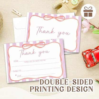 Kids Thank You Cards with Envelopes, Pink Ribbon Theme Fill in the Blank Thank You Notes for Kids, Toddler Stationery Set, Ideal for Birthday Party, Graduation & School Gag Gifts - B05 - color: Pink Ribbon Style