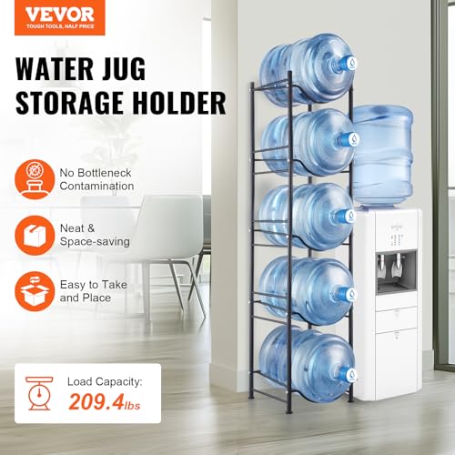 VEVOR 5 Tiers Water Jug Holder, 5 Gallon Water Bottle Holder, Single Row Water Bottle Rack for 5 Bottles, Heavy Duty Water Jug Rack for Kitchen, Office, Living Room, Black - color: Black, style: 5-slot
