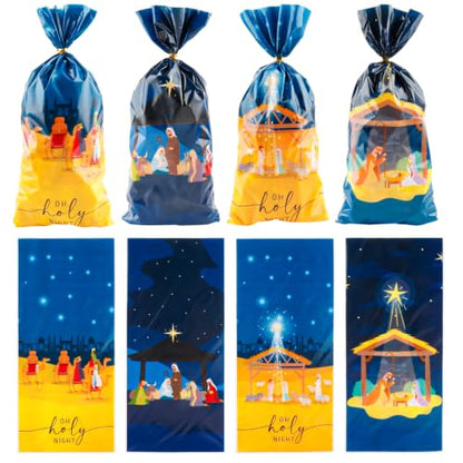 LERCTH Eid Mubarak Cellophane Treat Bags, 4 Designs Holy Night Plastic Candy Bags with Twist Ties for Religious Holiday Celebrations Party Favors - color: Holy Night Bags 50 packs